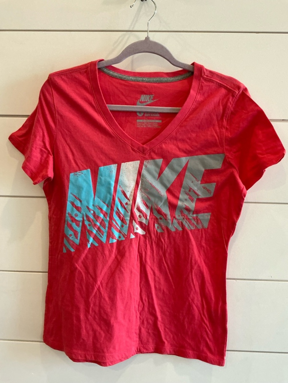 Nike Pink-Red V-Neck Tee with Silver Logo